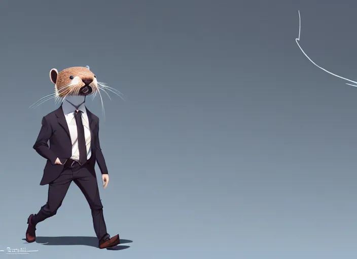 Image similar to well proportioned, stylized expressive master furry art painting by blotch and rukis of an anthro otter, headshot, wearing suit and tie, walking to his job character portrait feature stylized by charlie bowater, ross tran, artgerm, makoto shinkai, detailed, soft lighting, rendered in octane