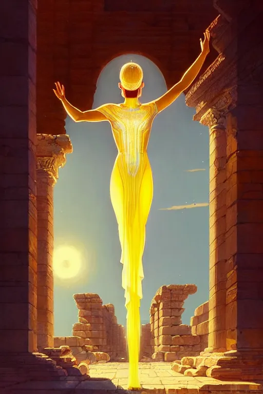 Image similar to high detail portrait, transparent crystal woman wearing ancient greek yellow paper tunic, hands in air, stephen bliss, fantasy art by greg rutkowski, rhads, ferdinand knab, makoto shinkai and lois van baarle, ilya kuvshinov, rossdraws, tom bagshaw, global illumination, radiant light, ancient greek temple ruins, red and blue color theme