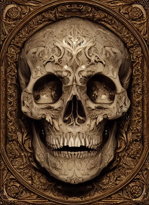 Prompt: hyper realistic photography of intricate renaissance skull ornament relief leaves, cinematic, symmetric detailed, artstation, cgsociety