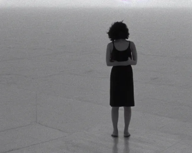 Image similar to a still of a young woman standing on a huge concrete white deck, high above the ground, of a minimalist brutalist beach house, wide angle, clear sky and background, in the music video Wrapped Around your Finger (1983)