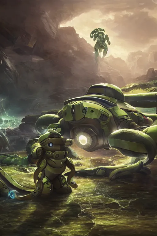 Image similar to tentacool pokemon playing as master chief, oil on canvas, intricate, 8 k highly professionally detailed, hdr, cgsociety