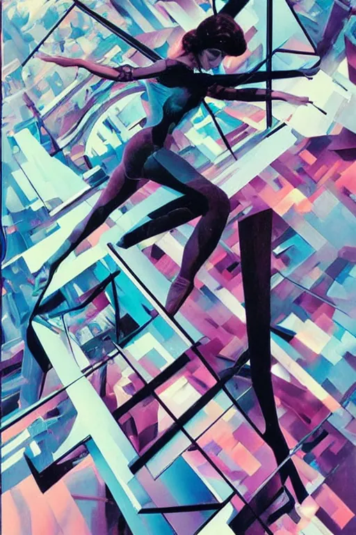 Prompt: wideangle action, a wild beautiful ballet techno dancer tangled in the tendrils of reality, madness, decoherence, synthwave, glitch!!, fractured reality, vortex, realistic, hyperdetailed, concept art, art by syd mead, cubism