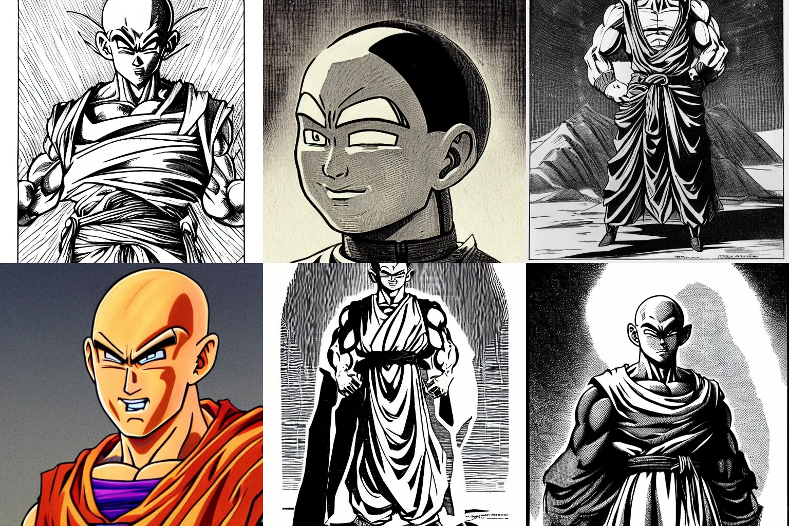 Prompt: franklin booth illustration of tien from dragon ball z