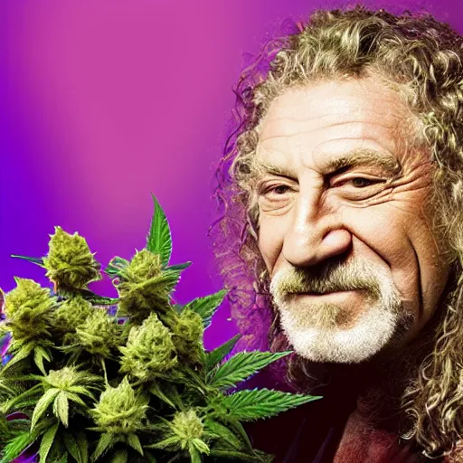 Image similar to robert plant with marijuana buds and leafs for a head and face 4 k