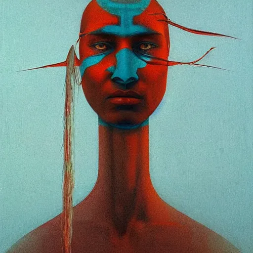 Image similar to symmetric portrait of indigenous warrior, turquoise and orange. realistic. high detail.by zdzisław beksiński