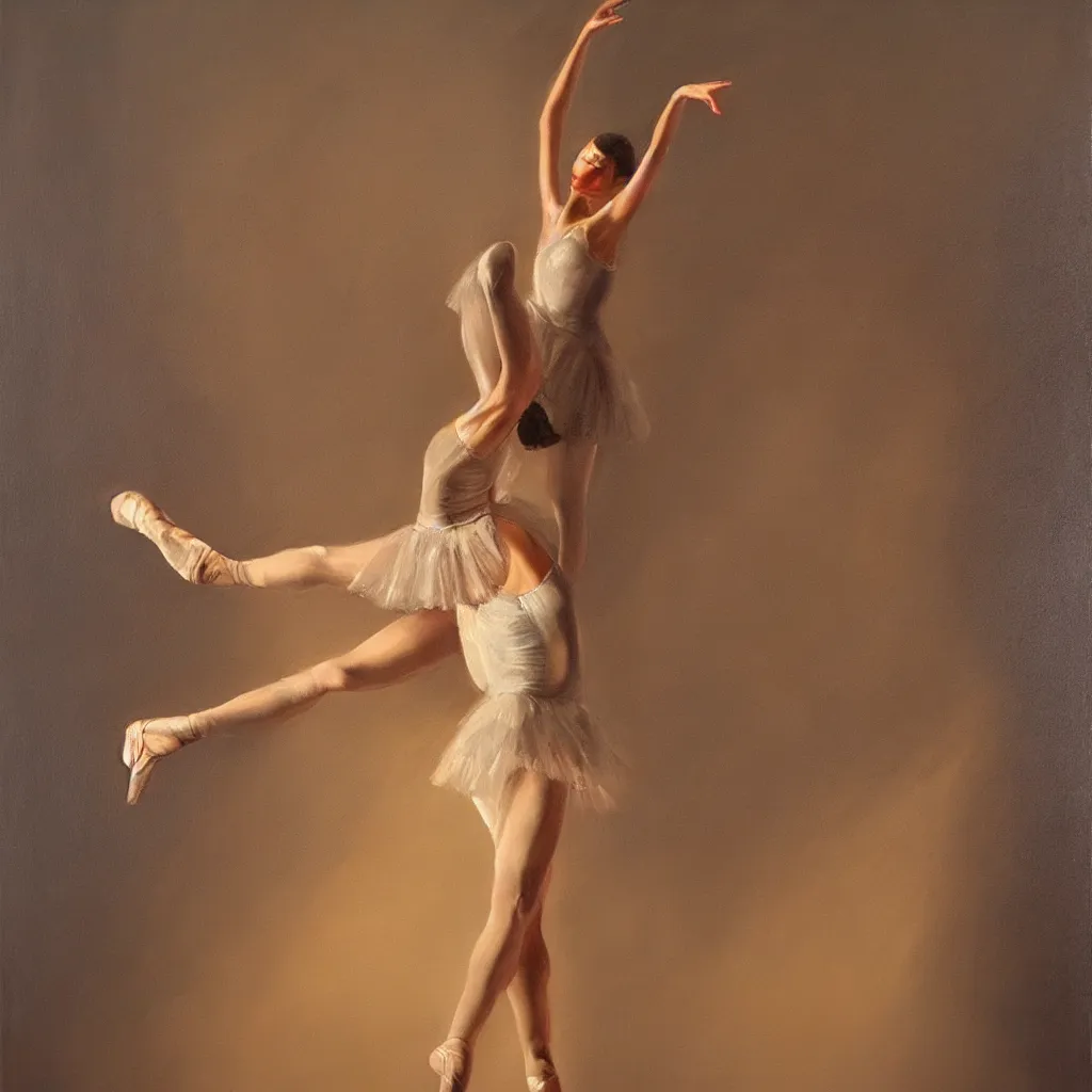 Image similar to a stunning oil painting of a ballerina in a spotlight, arabesque