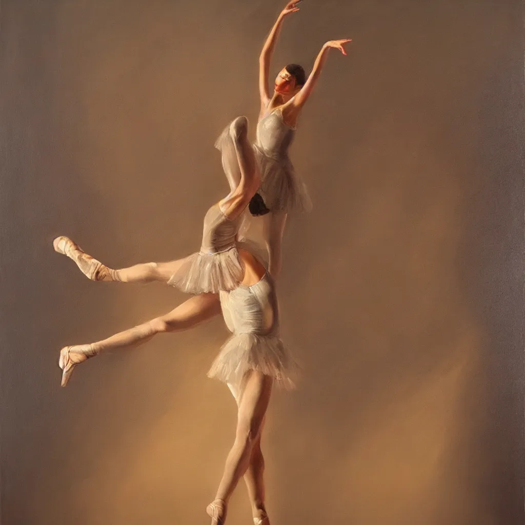 Prompt: a stunning oil painting of a ballerina in a spotlight, arabesque