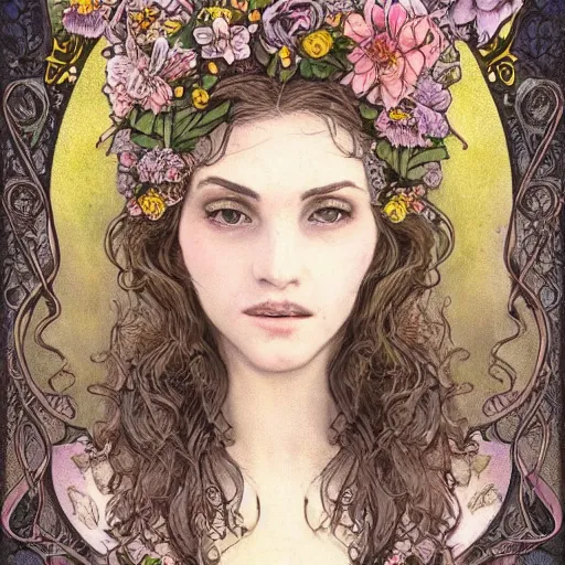 Image similar to realistic detailed face portrait of a beautiful woman with flowers in her hair by jenny savilla, fairytale, art nouveau, victorian, neo - gothic, character concept design, smooth, extremely sharp detail, finely tuned detail, story book design, storybook layout