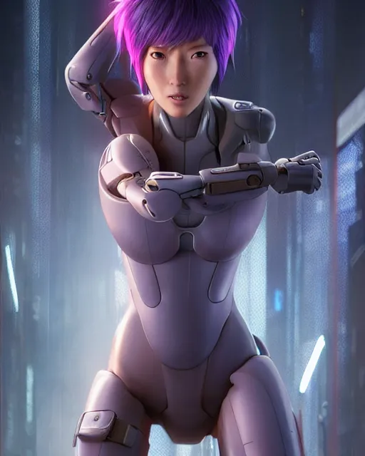 Image similar to weta disney pixar movie still portrait photo of motoko kusanagi ghost in the shell : : as cyborg woman by pixar : : by weta, wlop, ilya kuvshinov, rossdraws, artgerm, marvel, maxim cover, latex, octane render, sweaty, iridescent, bright morning, anime, liosh, mucha : :