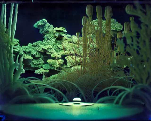 Prompt: low angle shot of a space station at night, aquatic plants, coral, shabby chic, cinematography by Jim Jarmusch, composition by Hale Woodruff, in the style of Ilya Kuvshinov, set design by Antonin Gaudí, 35mm, graflex, color film photography