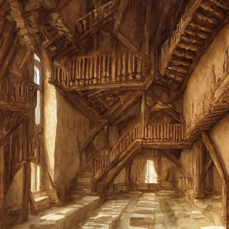 Image similar to a detailed painting of a medieval hall with wooden walls, big marble statue and staircase to the second floor. fantasy poster. lord of the rings style. cinematic fantasy scene. fantasy. carl spitzweg. renaissance elements. renaissance element. oil painting. award winning. trending on artstation. 8 k