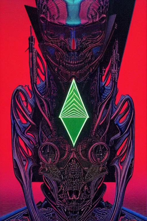 Image similar to portrait of black and psychedelic grainshading print by moebius, richard corben, wayne barlowe, cyberpunk comic cover art, psychedelic triangular skeleton, very intricate, thick outline, full body, symmetrical face, long black crown, in a shapes background, galactic dark colors