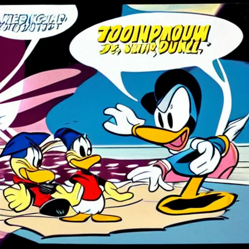 Prompt: A splash panel with Donald Duck and Scrooge mcDuck