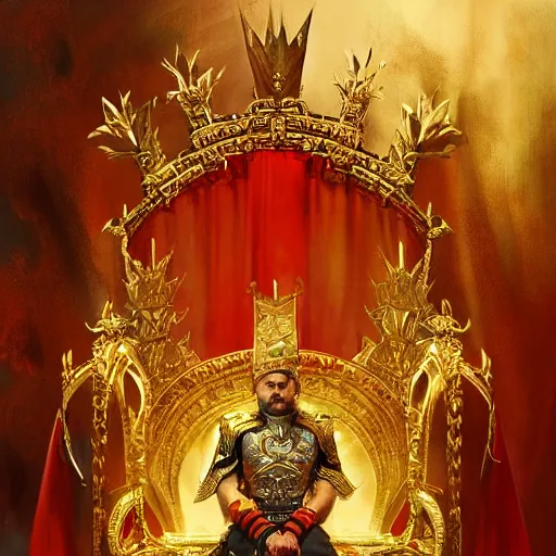 Image similar to Stunning portrait of a warrior king. He wears an intricate golden crown and a red cloak over ornate polished silver armour. He sits on a throne. Epic fantasy art. Highly detailed, digital painting, artstation, concept art, sharp focus, illustration, by greg rutkowski and aleksi briclot and bouguereau