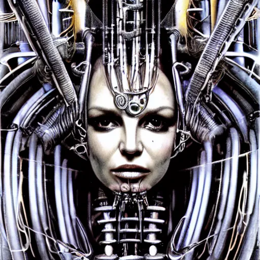 Prompt: britney spears encased in biomechanical machine, heavy conduits, complex scene, rich composition, heavy in detail, corruption, smooth, sharp focus, airbrush, illustration, symmetrical, portrait, art by h. r. giger