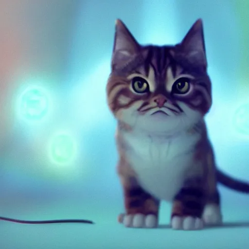 Image similar to Portrait of Lil Bub, splash art, movie still, cinematic lighting, dramatic, octane render, long lens, shallow depth of field, bokeh, anamorphic lens flare, 8k, hyper detailed, 35mm film grain