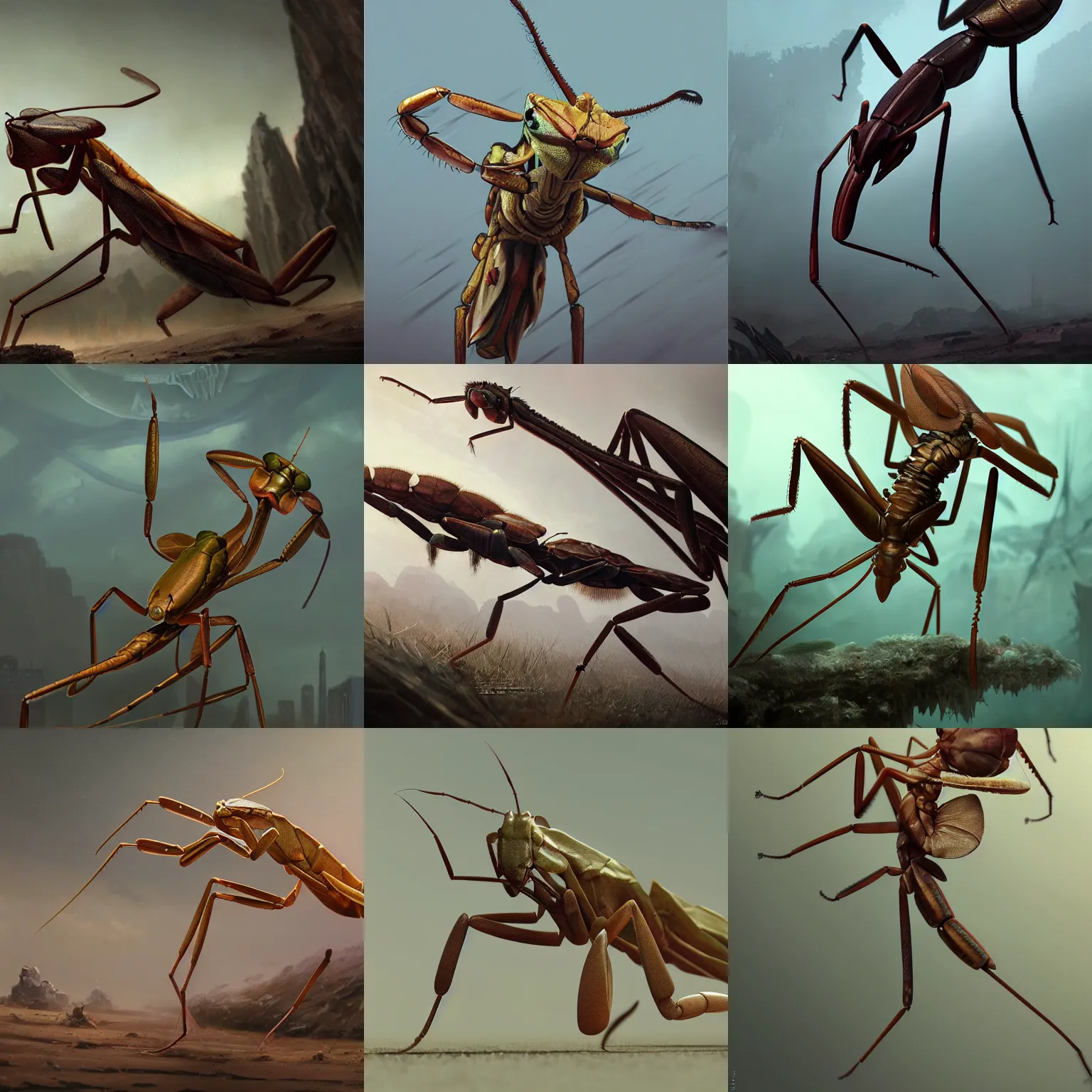 Prompt: anthopomorphic mantis, brown, by greg rutkowski, sung choi, mitchell mohrhauser, maciej kuciara, johnson ting, maxim verehin, peter konig, 8 k photorealistic, cinematic lighting, hd, high details, dramatic, atmosphereric, trending on artstation