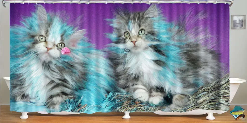 Image similar to a main coon kitten little mermaid shower curtain, product photography. 4 k, highly detailed.