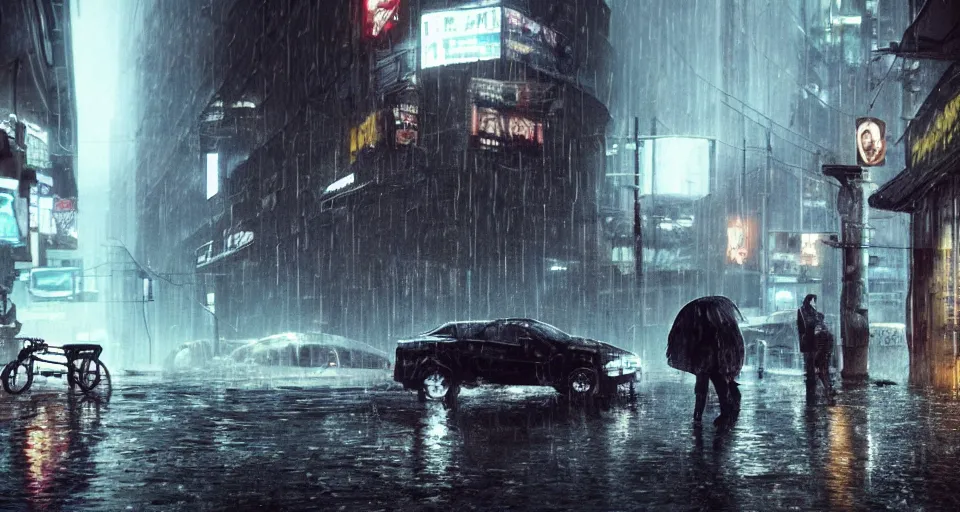 Prompt: thick rain. grizzled. screenshot from the liveaction cyberpunk detective show. on the streets. moody. masterpiece, magnum opus, monumental achievement, classic gem. octane render. nvidia amd graphics demo. lighting by james gurney. trending. artstation cgsociety behance. 4 k. beyond style stylish polished slick smooth spectacle spectacular fantastic staggering stunning flashy.