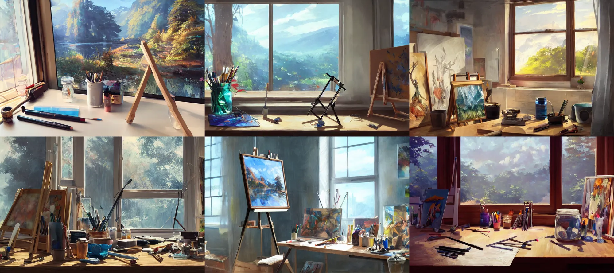Prompt: artists studio full of art equipment. mason jar full of brushes close view on table, easel with paining by window, scenic full shot, ambient lighting, by makoto shinkai, stanley artgerm lau, wlop, rossdraws