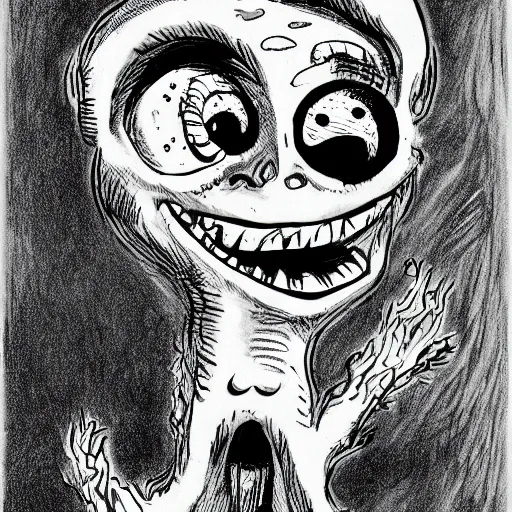 Prompt: a Pop Wonder scary horror themed goofy-hilarious-character-ice-cream-spirit-demon, dime-store-comic drawn with charcoal and pen and ink, half-tone-line-stacking