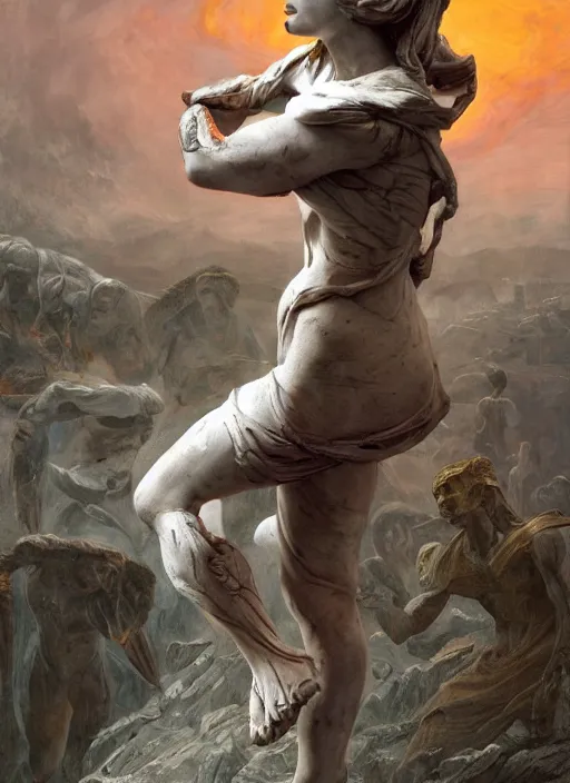 Image similar to portrait of a diabolical marble cyborg girl, ancient greek statue, wearing torn white cape, dynamic pose, thunder, glowing eyes, post apocalyptic ancient ruins, glowing veins subsurface scattering, in clouds, sunset, portrait, by gerald brom, by mikhail vrubel, by peter elson, muted colors, extreme detail, trending on artstation, 8 k