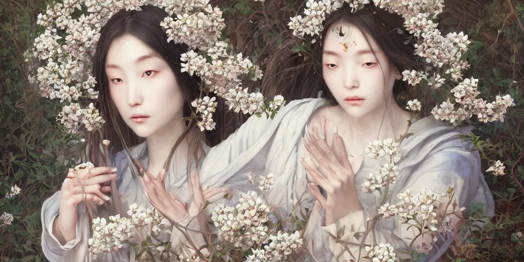 Image similar to breathtaking detailed concept art painting of the goddess of white flowers, orthodox saint, with anxious, piercing eyes, ornate background, amalgamation of leaves and flowers, by Hsiao-Ron Cheng, James jean, Miho Hirano, Hayao Miyazaki, extremely moody lighting, 8K