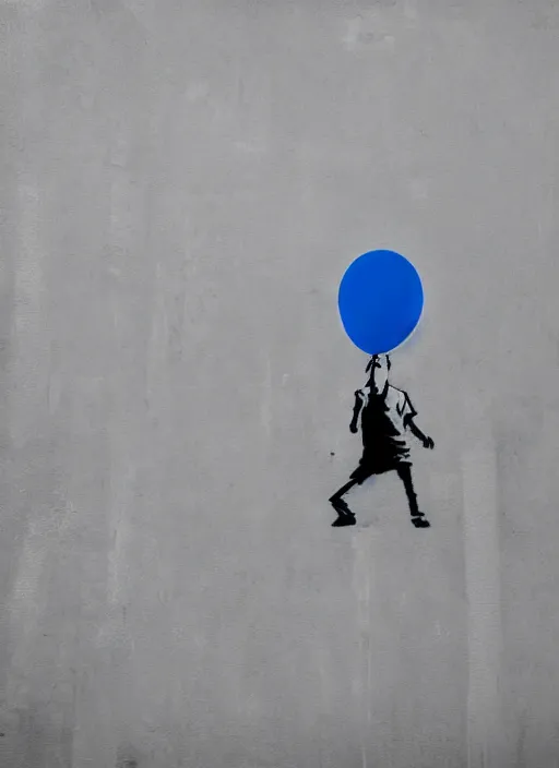 Prompt: a side profile of a black and white graffiti of boy holding a single graffitied blue balloon on a concrete background in the style of Banksy, graffiti, digital art