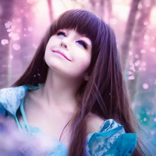 Image similar to photo of an adorable anime girl with long brown hair, looking partly to the left, blue shining eyes, light makeup, light pink lipstick, bokeh forest background, 4k, highly detailed, cel-shaded