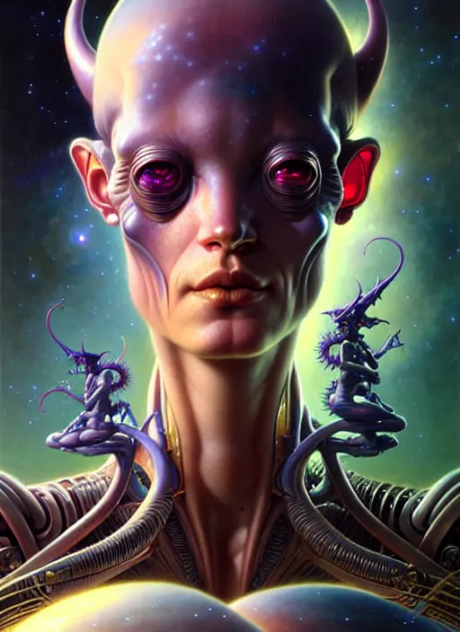 Image similar to beautiful gemini fantasy character portrait, ultra realistic, wide angle, intricate details, alien artifacts, highly detailed by peter mohrbacher, hajime sorayama, wayne barlowe, boris vallejo, aaron horkey, gaston bussiere, craig mullins