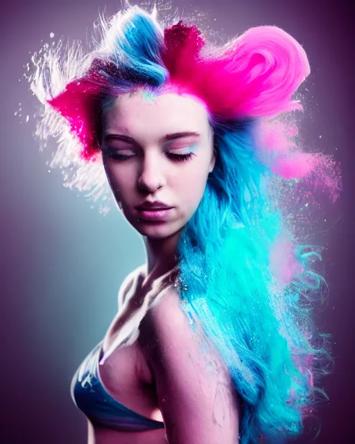 Image similar to a dramatic lighting photo of a beautiful young woman with cotton candy hair. paint splashes. with a little bit of cyan and pink