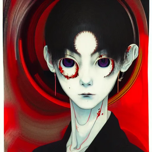 Image similar to yoshitaka amano blurred and dreamy realistic three quarter angle horror portrait of a sinister young woman with short hair, big earrings and red eyes wearing office suit with tie, junji ito abstract patterns in the background, satoshi kon anime, noisy film grain effect, highly detailed, renaissance oil painting, weird portrait angle, blurred lost edges