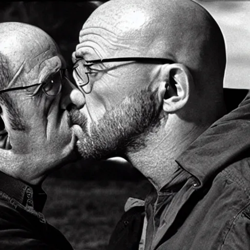 Prompt: old jonathan banks kissing walter white, movie still