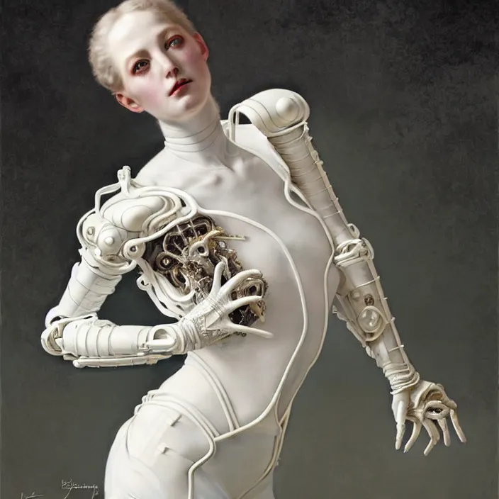 Image similar to porcelain cyborg, french empire style porcelain exoskeleton, diffuse lighting, fantasy, intricate, elegant, highly detailed, lifelike, photorealistic, digital painting, artstation, illustration, concept art, smooth, sharp focus, art by John Collier and Albert Aublet and Krenz Cushart and Artem Demura and Alphonse Mucha