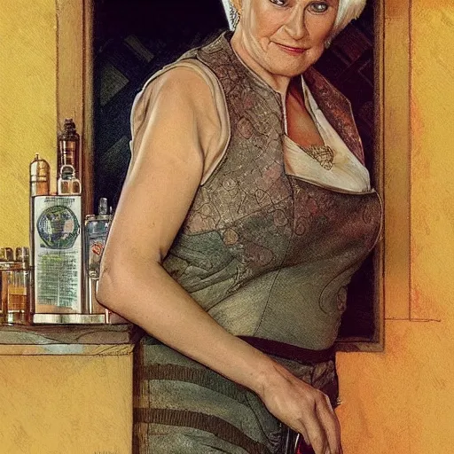 Image similar to amazing lifelike award winning pencil illustration of pat butcher behind the bar in the Queen Vic pub trending on art station artgerm Greg rutkowski alphonse mucha cinematic