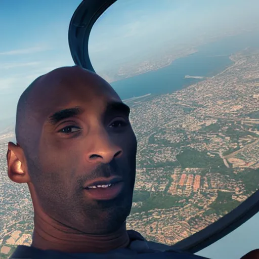 Image similar to selfie of kobe bryant in a helicopter, smoke around him, 8k resolution, hyper detailed, shot in the air