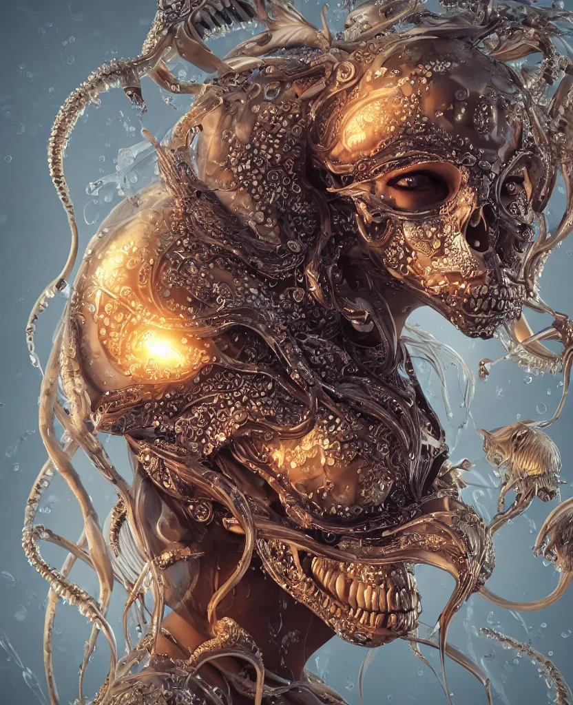 Image similar to close-up macro portrait of the face of a beautiful princess with animal skull mask, epic angle and pose, symmetrical artwork, 3d with depth of field, blurred background, cybernetic jellyfish female face skull phoenix bird, translucent, nautilus, energy flows of water and fire. a highly detailed epic cinematic concept art CG render. made in Maya, Blender and Photoshop, octane render, excellent composition, cinematic dystopian brutalist atmosphere, dynamic dramatic cinematic lighting, aesthetic, very inspirational, arthouse. y Greg Rutkowski, Ilya Kuvshinov, WLOP, Stanley Artgerm Lau, Ruan Jia and Fenghua Zhong