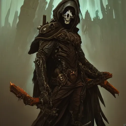 Prompt: dark fantasy character portrait of Reaper from Overwatch, wearing skull mask, dystopian mood, intricate, wild, highly detailed, digital painting, artstation, upper body, concept art, smooth, sharp focus, illustration, art by artgerm and greg rutkowski and alphonse mucha