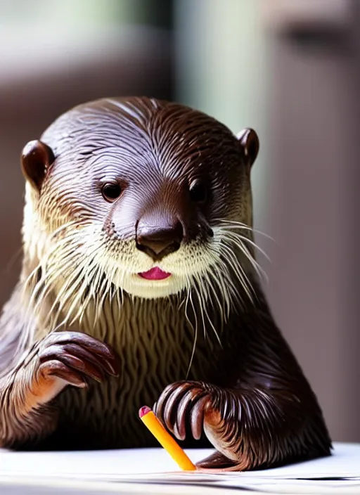 Image similar to cute otter holding a pencil at a desk
