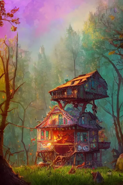 Prompt: a cheerful and whimsical ramshackle multistory hut in the woods, intricate, elegant, fantasy, highly detailed, digital painting, concept art, sharp focus, illustration, beautiful volumetric lighting, epic light, artstation, magic hour lighting, colorful, sunshine, springtime, art by Pixar