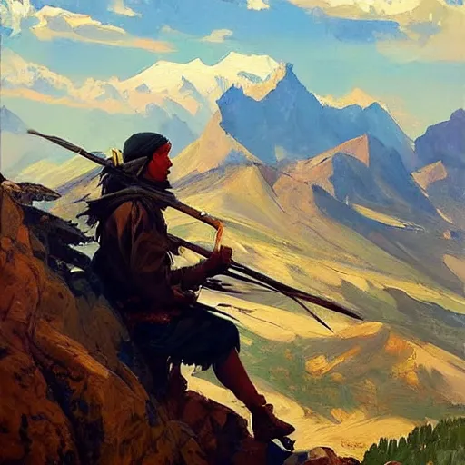 Prompt: greg manchess painting of eagle hunter sitting on the background of mountains in kyrgyzstan, medium shot, asymmetrical, organic painting, sunny day, matte painting, bold shapes, hard edges, street art, trending on artstation, by huang guangjian and gil elvgren and sachin teng