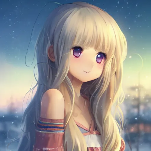 Prompt: a very beautiful anime girl, full body, long golden hair, sky blue eyes, full round face,cute face, short smile, mini jeans skirt, cute top, winter setting, cinematic lighting, medium shot, mid-shot, highly detailed, trending on Artstation, Unreal Engine 4k, cinematic wallpaper by Stanley Artgerm Lau, WLOP, Rossdraws, James Jean, Andrei Riabovitchev, Marc Simonetti, and Sakimichan