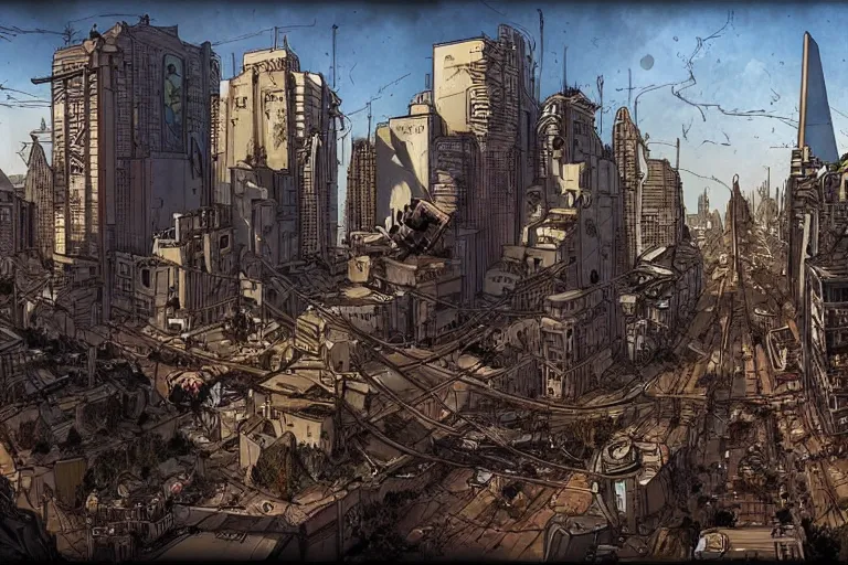 Image similar to post apocalyptic san francisco, plague, artstation by m w kaluta