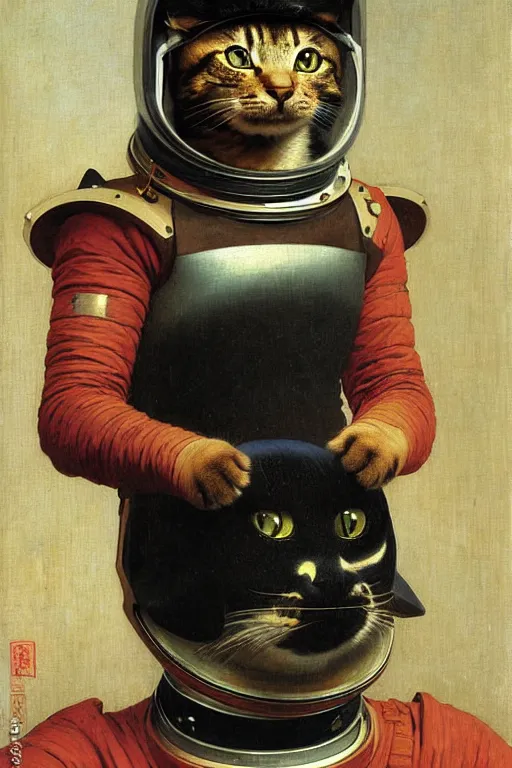 Image similar to portrait of a cat astronaut with japanese armor and helmet, by bouguereau