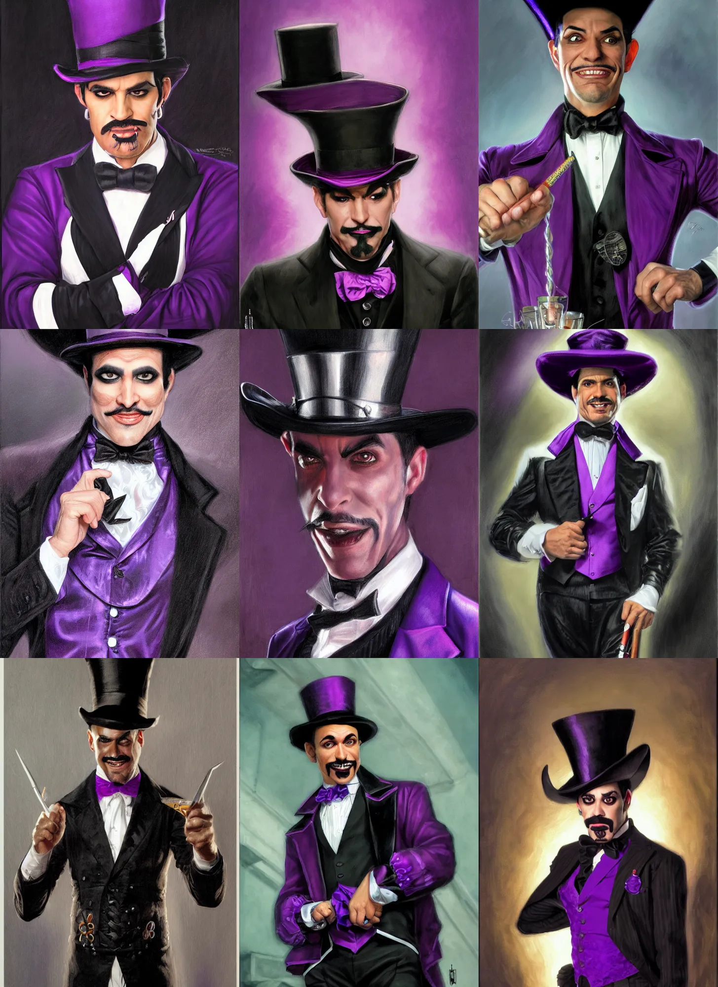 Prompt: portrait, a puerto rican man wearing purple and black ringmaster attire, nefarious smirk, slender, black hair, black top hat, pencil - thin goatee, villain, style by donato giancola, wayne reynolds, jeff easley dramatic light, high detail, cinematic lighting, artstation, dungeons and dragons