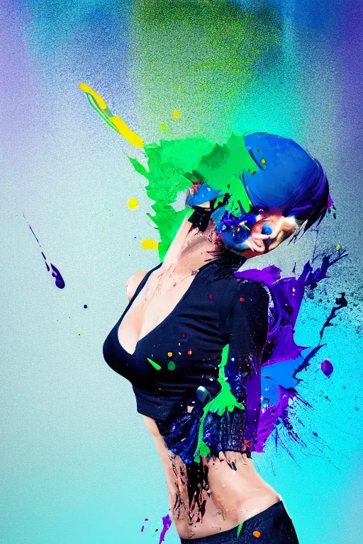Image similar to a award winning half body portrait of a beautiful woman in a croptop and cargo pants with ombre navy blue teal hairstyle with head in motion and hair flying, paint splashes, splatter, outrun, vaporware, shaded flat illustration, digital art, trending on artstation, highly detailed, fine detail, intricate