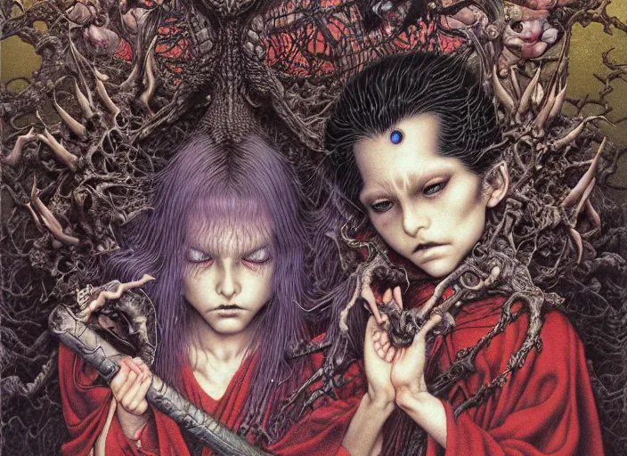 Prompt: realistic detailed image of a children performing an occult ritual at the cemetary, imps and demons lurking in the shadows by Ayami Kojima, Amano, Karol Bak, Greg Hildebrandt, and Mark Brooks, Neo-Gothic, gothic, rich deep colors. art by Takato Yamamoto. masterpiece. Beksinski painting. still from 1993 movie by Terrence Malick and Gaspar Noe