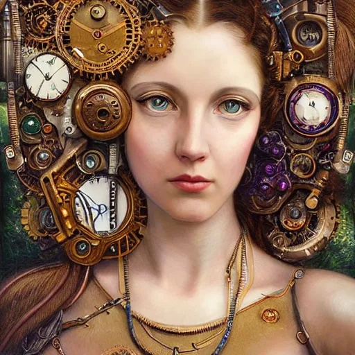 Image similar to Head and shoulders materpiece portrait of Lana Rhoades as a steampunk beautiful goddess, she half human and half robot, she is embellished with few gears wheels and gemstones, by William Holman Hunt, Greg Rutkowski, Stanely Artgerm, Tooth Wu, Peter Gric, Aaron Horkey, trending on Artstation, digital art, mythological, symmetrical artwork, cinematic lighting, hyper realism, high detail, octane render, ultra realistic, golden ratio, 4k, 8k