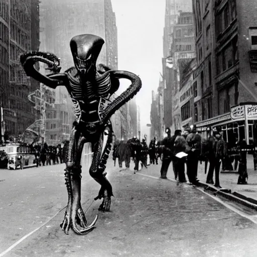 Image similar to old black and white photo, 1 9 1 3, depicting a xenomorph from the movie aliens rampaging through the bustling streets of new york city, historical record