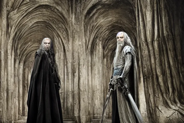 Image similar to jude law as gandalf stood outside orthanc, style of h. r. giger, directed by david fincher, muted tones, detailed